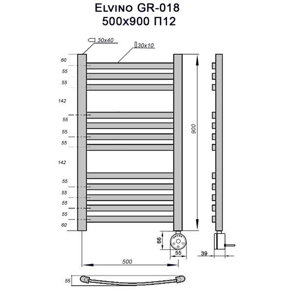 Полотенцесушитель GROIS Elvino GR-018 500х900 П12 (3+4+5) RAL9005 ПТЭН черный матовый