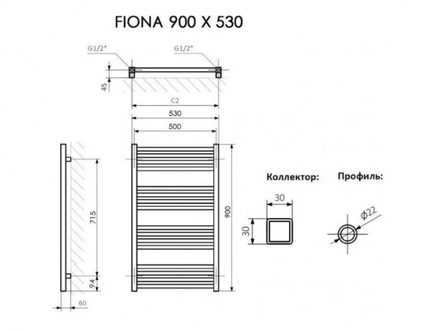 Полотенцесушитель Terma FIONA 900/530 RAL 9005 черный матовый + TERMI-L