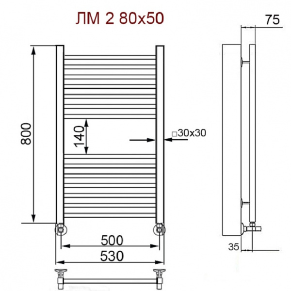 Фото Полотенцесушитель Ника MODERN ЛМ-2 80/50 RAL9005 черный матовый с вентилями (комплект люкс)*