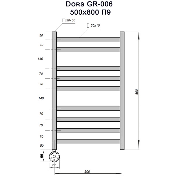 Полотенцесушитель GROIS Dors GR-006 500х800 П9 (2+3+4) RAL9005 ЛТЭН черный матовый