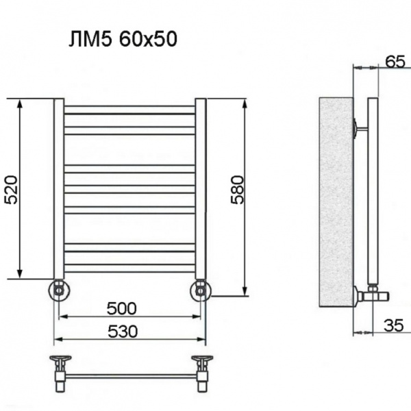 Фото Полотенцесушитель Ника MODERN ЛМ-5 60/50 RAL9005 черный матовый с вентилями (комплект люкс)(-)