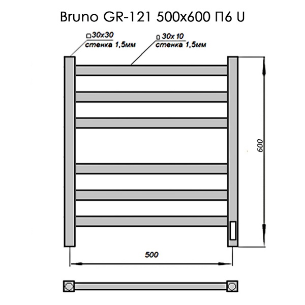 Полотенцесушитель Электрич. с/т GROIS Bruno GR-121 500/600 П6 RAL9003 U белый матовый - фото и схемы подключения