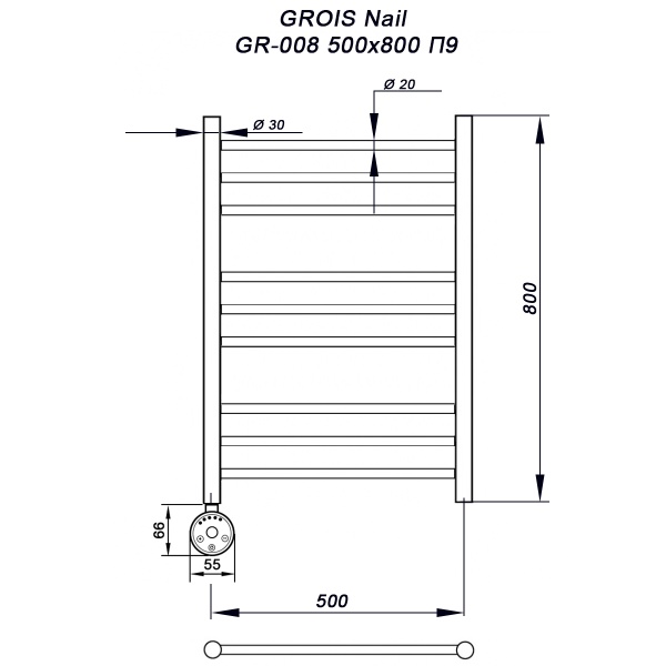 Полотенцесушитель GROIS Nail GR-008 500х800 П9 (3+3+3) RAL9003 ЛТЭН белый матовый