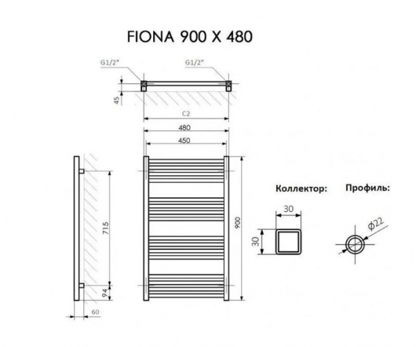 Полотенцесушитель Terma FIONA 900/430 RAL 9005 черный матовый + TERMI-L
