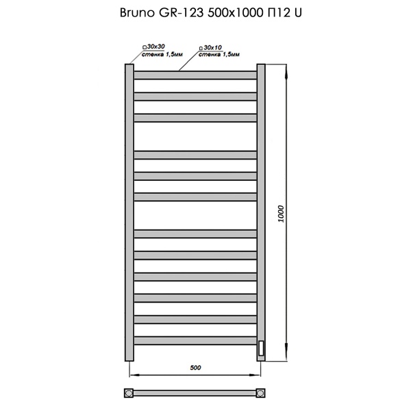 Полотенцесушитель Электрич. с/т GROIS Bruno GR-123 500/1000 П12 RAL9005 U черный матовый - фото и схемы подключения