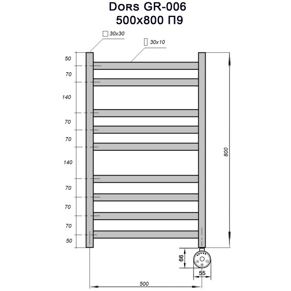 Полотенцесушитель GROIS Dors GR-006 500х800 П9 (2+3+4) RAL9003 ПТЭН белый матовый