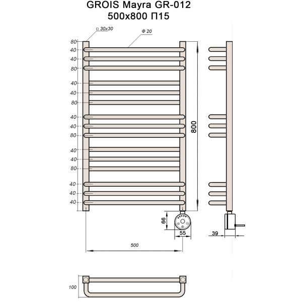 Полотенцесушитель GROIS Mayra GR-012 500х800 П15 (3+3+3+3+3) RAL9003 ПТЭН белый матовый
