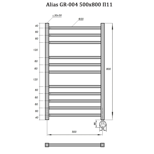 Полотенцесушитель GROIS Alias GR-004 500х800 П11 (3+3+5) RAL9003 ПТЭН белый матовый