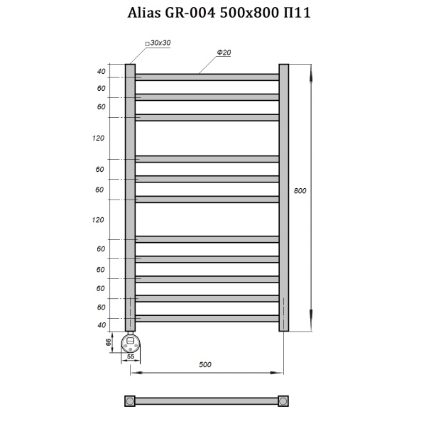 Полотенцесушитель GROIS Alias GR-004 500х800 П11 (3+3+5) RAL9003 ЛТЭН белый матовый