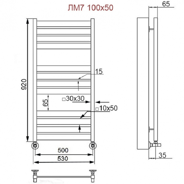 Фото Полотенцесушитель Ника MODERN ЛМ-7 100/50 Matt Antique Silver с вентилями (комплект люкс)(-)