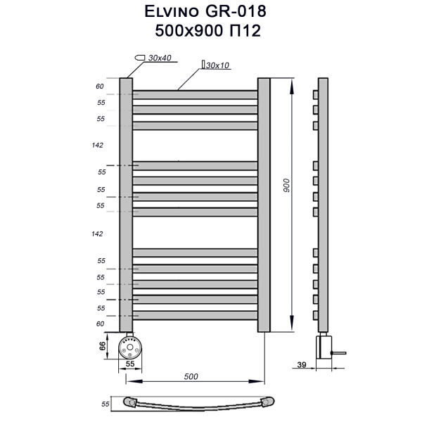 Полотенцесушитель GROIS Elvino GR-018 500х900 П12 (3+4+5) RAL9005 ЛТЭН черный матовый